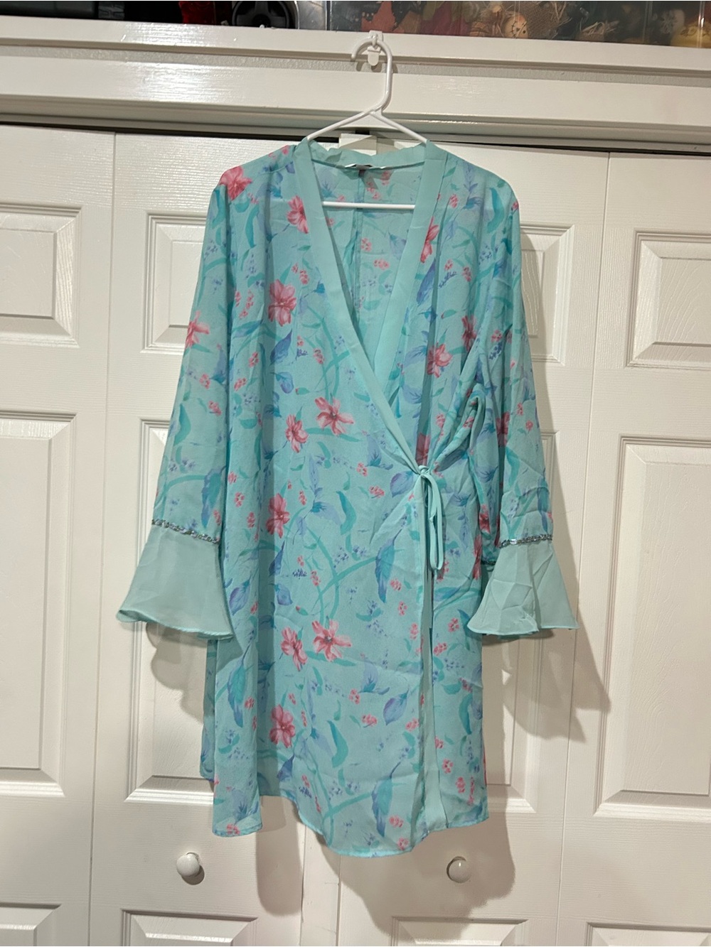 Y2K Vintage Cacique Sheer Floral Tie-Front Kimono Robe - Aqua Floral - Picture 4 of 10